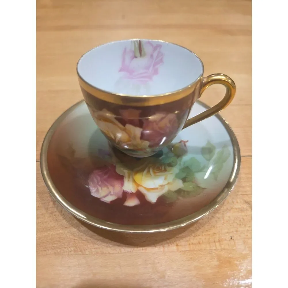 Antique Thomas Bavaria Hand Painted Roses Demitasse Teacup Saucer Marechal Niel
